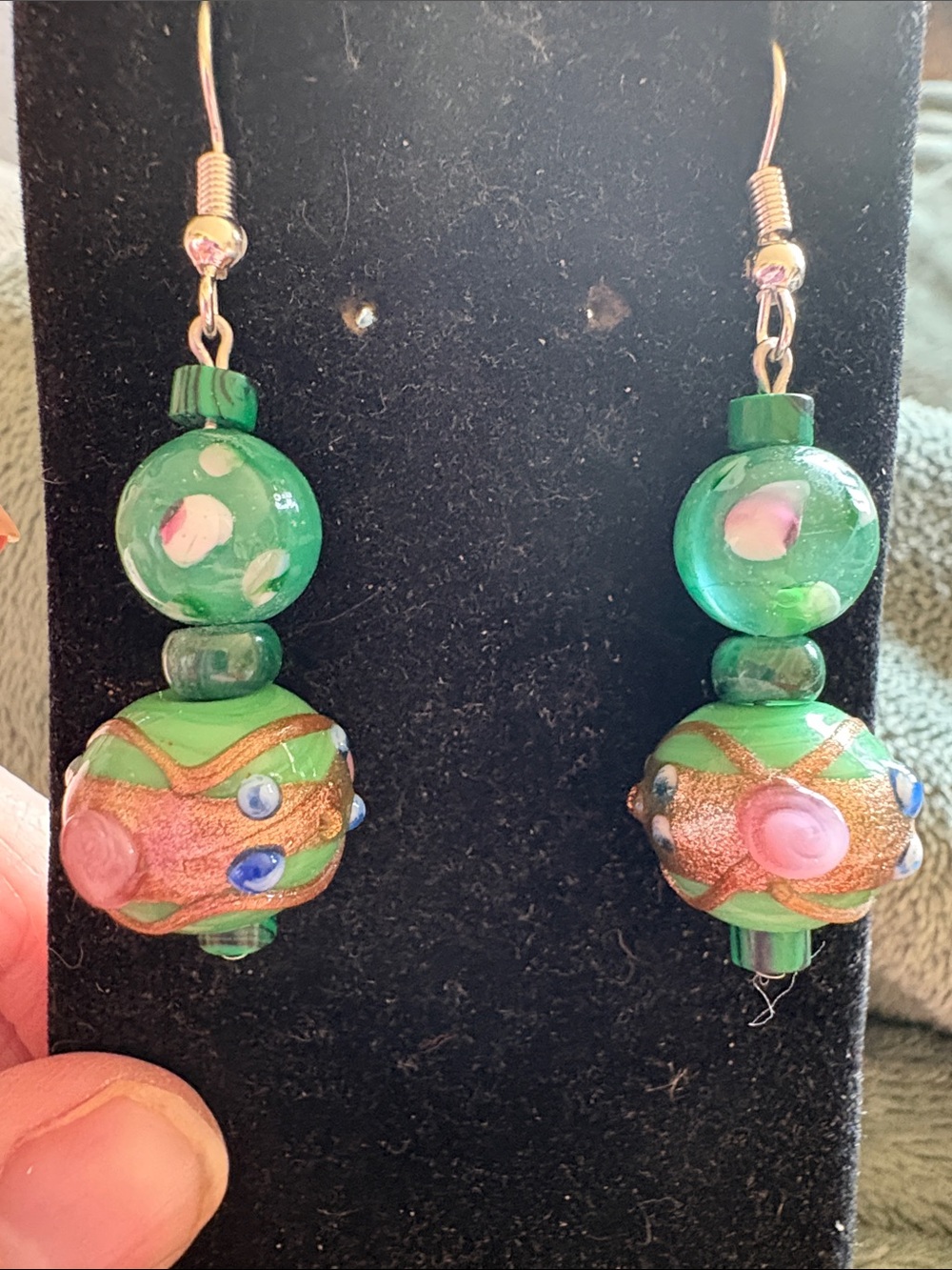 Hand Crafted Green and Pink Birthday Cake Glass Bead Drop Earrings